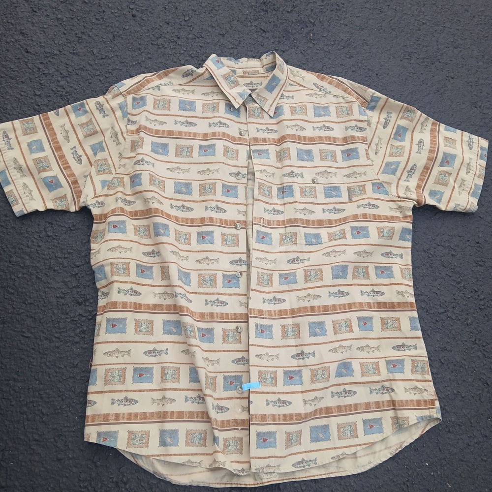 Woolrich Shirt Mens XL Beige Fish Print Short Sleeve Button Up Outdoor Casual